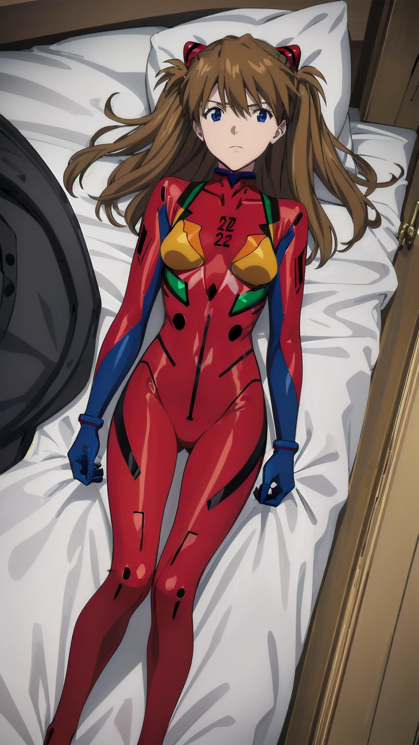 (((Pixel Perfect, Perfect detail))), One Girl, alone, From above, Asuka Langley Soryu, (Soryu Asuka Langley:1.2), Long Hair, bangs, blue eyes, Brown Hair, hair ornaments, Bodysuits, Pilot Suit, Plug Suit, (red Bodysuits:1.5), Interface Headset, (Lying in bed:1.3), indoor, whole body
