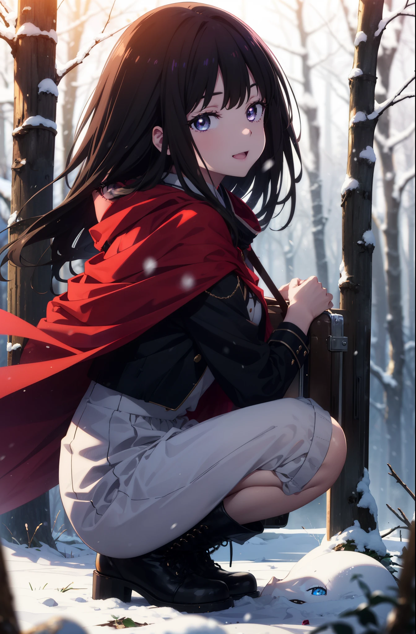 Takiuchi, Inoue Check, Long Hair, bangs, Black Hair, (Purple eyes:1.2),smile,
Open your mouth,snow,Bonfire, Outdoor, boots, snowing, From the side, wood, suitcase, Cape, Blurred, forest,  nature, Squat,  Cape, winter, Written boundary depth, Black shoes, red Cape break looking at viewer, Upper Body, whole body, break Outdoor, forest, nature, break (masterpiece:1.2), highest quality, High resolution, unity 8k wallpaper, (shape:0.8), (Beautiful and beautiful eyes:1.6), Highly detailed face, Perfect lighting, Highly detailed CG, (Perfect hands, Perfect Anatomy),
