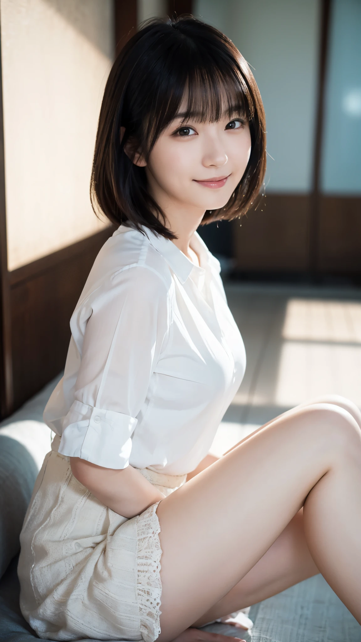 (Highest quality: 1.5), (Realistic: 1.5), (1 person: 1.5), Highly detailed, High resolution, 8k, slightly saggy medium breasts, Natural colored lips, Cute smile, Japanese woman, 20 year old girl, beautiful and graceful features, perfect and beautiful face, balanced big eyes, brunette eyes, beautiful and graceful features, natural double eyelids, natural bangs, beautiful thin nose, beautiful skin, medium bob hair , natural bangs , perfect and beautiful face, slim face and figure, blue summer sky, socks, (looking at the camera with a sweet smile), bright lighting, professional lighting, forward lighting, beautiful legs: 1.2, smooth skin, slender body, slim waistline, slim thin thighs, cleavage, detailed clothes, ayabrea, black one piece dress,