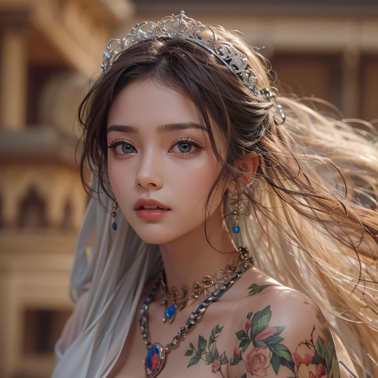 desert、Hair flows、 ((highest quality、masterpiece、8k、best image quality、ultra high resolution、Award-winning work)、(close-up of woman's face:1.35)、(close-up of naked face:1.3)、(accurate anatomy:1.1)、(look at me and smile:1.1)、Shining fair skin with ultra high resolution、most detailed face、ultra high resolution detailed face、ultra high resolutionの髪の毛、(ultra high resolutionの煌めく瞳:1.1)、Beautiful face drawn in every detail、(blurred background:1.1)、ancient Islamic clothes, chest together, tattoo, Old ruins in the background、