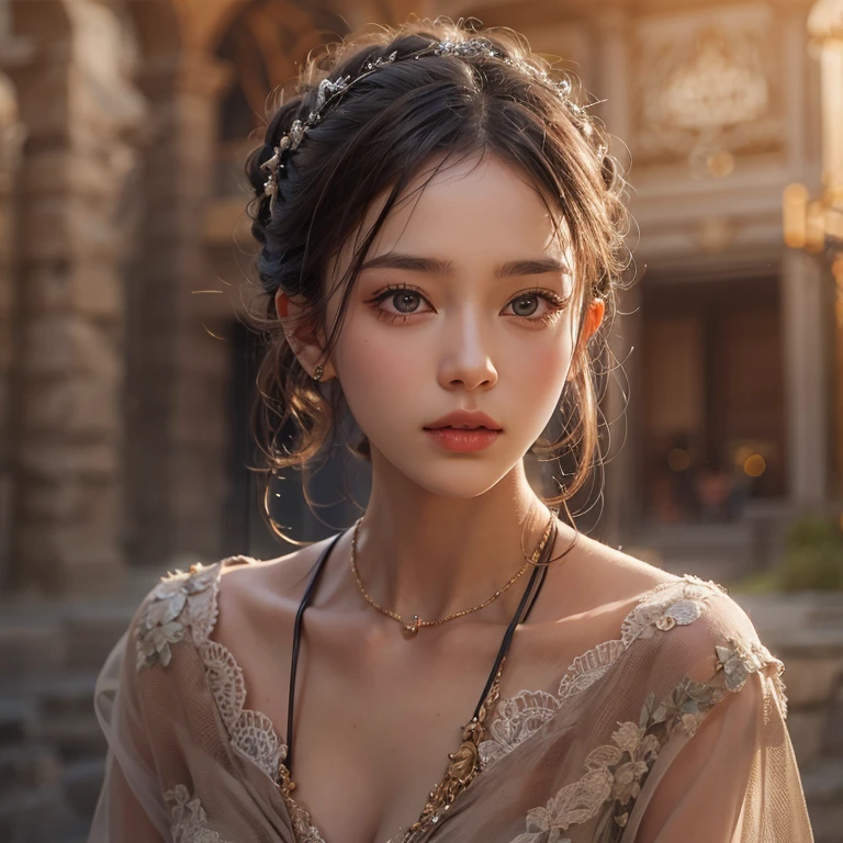 desert、Hair flows、 ((highest quality、masterpiece、8k、best image quality、ultra high resolution、Award-winning work)、(close-up of woman's face:1.35)、(close-up of naked face:1.3)、(accurate anatomy:1.1)、(look at me and smile:1.1)、Shining fair skin with ultra high resolution、most detailed face、ultra high resolution detailed face、ultra high resolutionの髪の毛、(ultra high resolutionの煌めく瞳:1.1)、Beautiful face drawn in every detail、(blurred background:1.1)、ancient Islamic clothes, chest together, tattoo, Old ruins in the background、