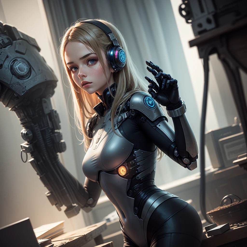 Background with futuristic elements, with Girl studying with robotic elements, with the highlighted phrase "Do not let prograstination dominate overcome your limits firmly and with faith and constancy",