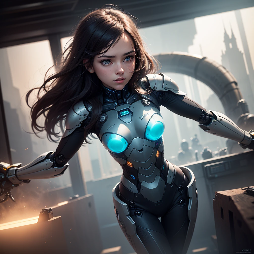 Background with futuristic elements, with Girl studying with robotic elements, with the highlighted phrase "Do not let prograstination dominate overcome your limits firmly and with faith and constancy",