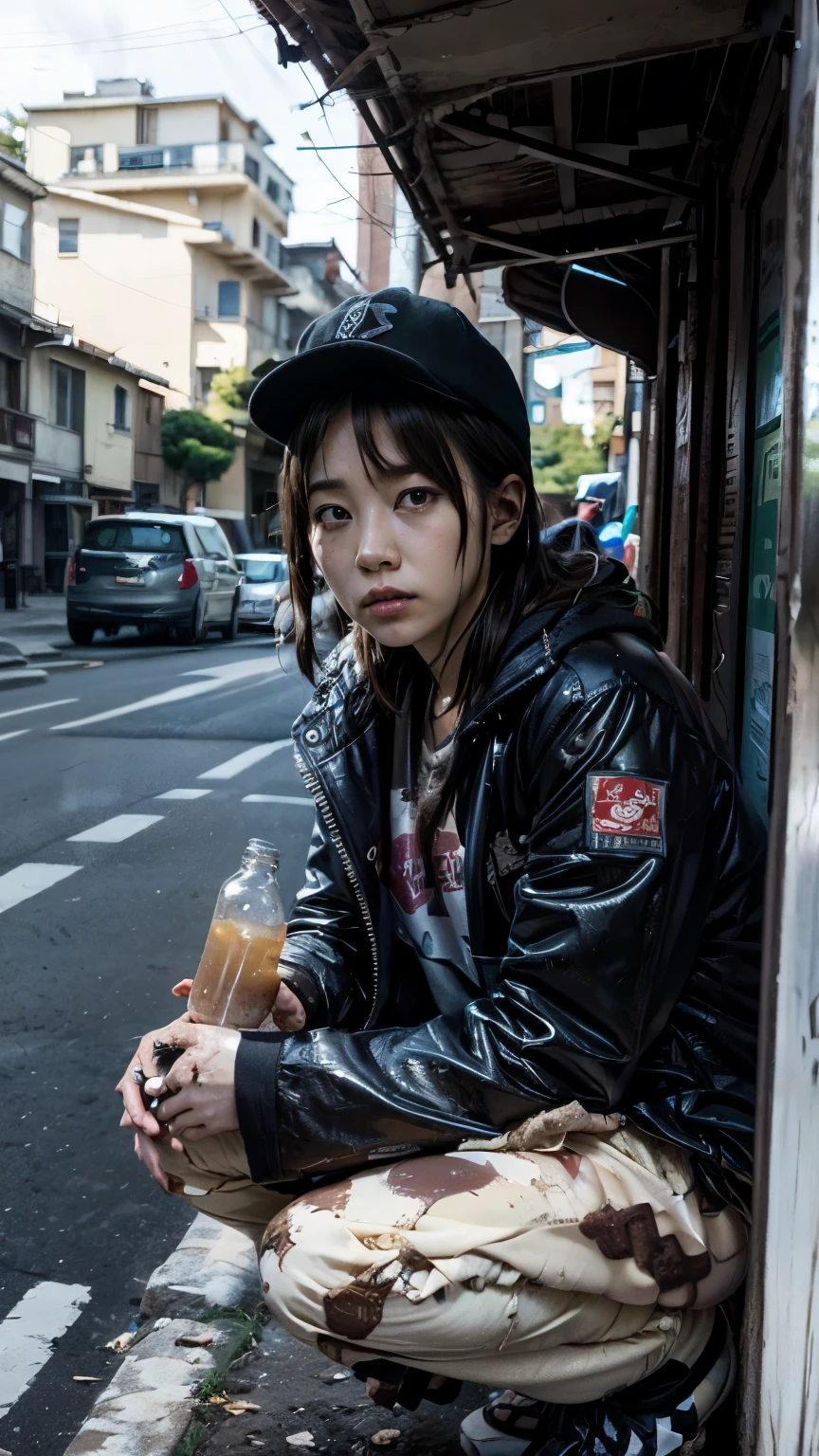 (((Brown glass medicine bottle,He had a suspicious drink))),With bangs,Beautiful black hair,ストレートミディアムボブカットのHomeless韓国人女性,Crouching,A 21-year-old Korean woman surrounded by a pile of garbage,(((No hat))),aespakarina,((Very displeased look)),(((Homeless))),((( Bad smell,Oil,Mud stains,shit,dirty))),(((Frowning,Glaring at the camera))),Very fine eye, Flat Chest,(((Wearing a tattered black coat))),(((Tragic))),(make:1.4),Big eyes,Frowningを寄せた表情,hiphop dancer,Gangster-style long pants,wearing edg90hh_clothing,8k,High definition,gang style