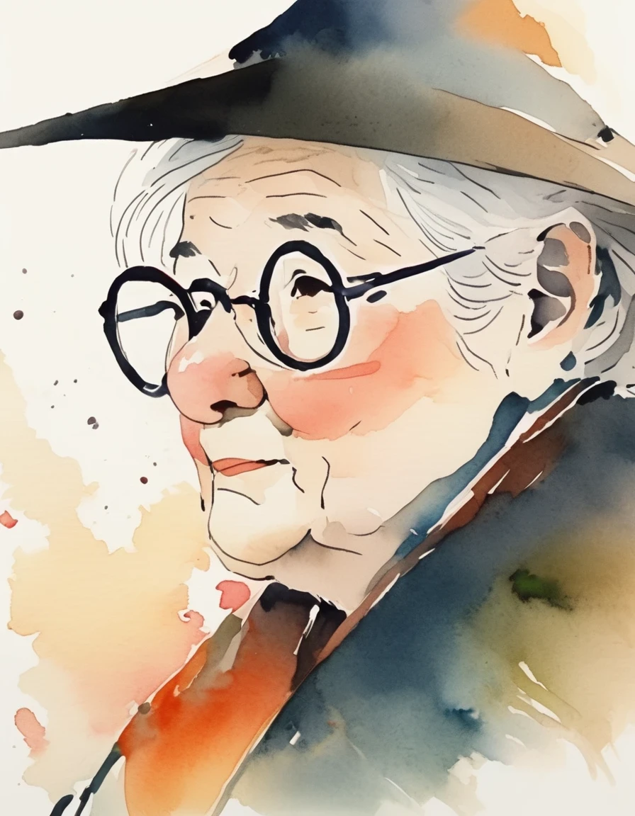 An old lady with glasses is posing with her nose, with a playful and whimsical watercolor illustration style, watercolor effect, Ink and wash are pale,painting brushwork, animation-inspired character design. Curve,comic art, modern Chinese ink painting, 32k uhd --ar 3:4 --niji 6