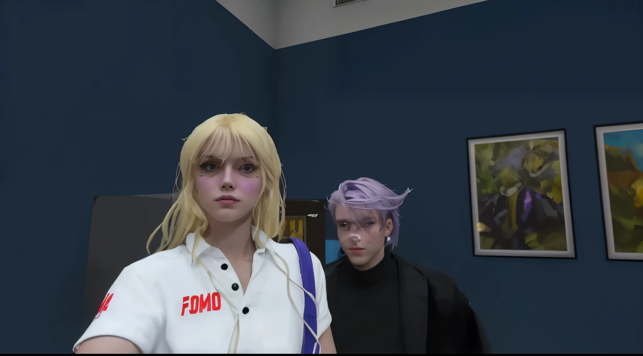 blonde girl and a man with purple hair