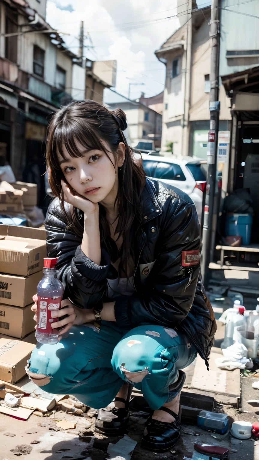 (((Brown glass medicine bottle,He had a suspicious drink))),With bangs,Beautiful black hair,ストレートミディアムボブカットのHomeless韓国人女性,Crouching,A 21-year-old Korean woman surrounded by a pile of garbage,(((No hat))),aespakarina,((Very displeased look)),(((Homeless))),((( Bad smell,Oil,Mud stains,shit,dirty))),(((Frowning,Glaring at the camera))),Very fine eye, Flat Chest,(((Wearing a tattered black coat))),(((Tragic))),(make:1.4),Big eyes,Frowningを寄せた表情,hiphop dancer,Gangster-style long pants,wearing edg90hh_clothing,8k,High definition,gang style