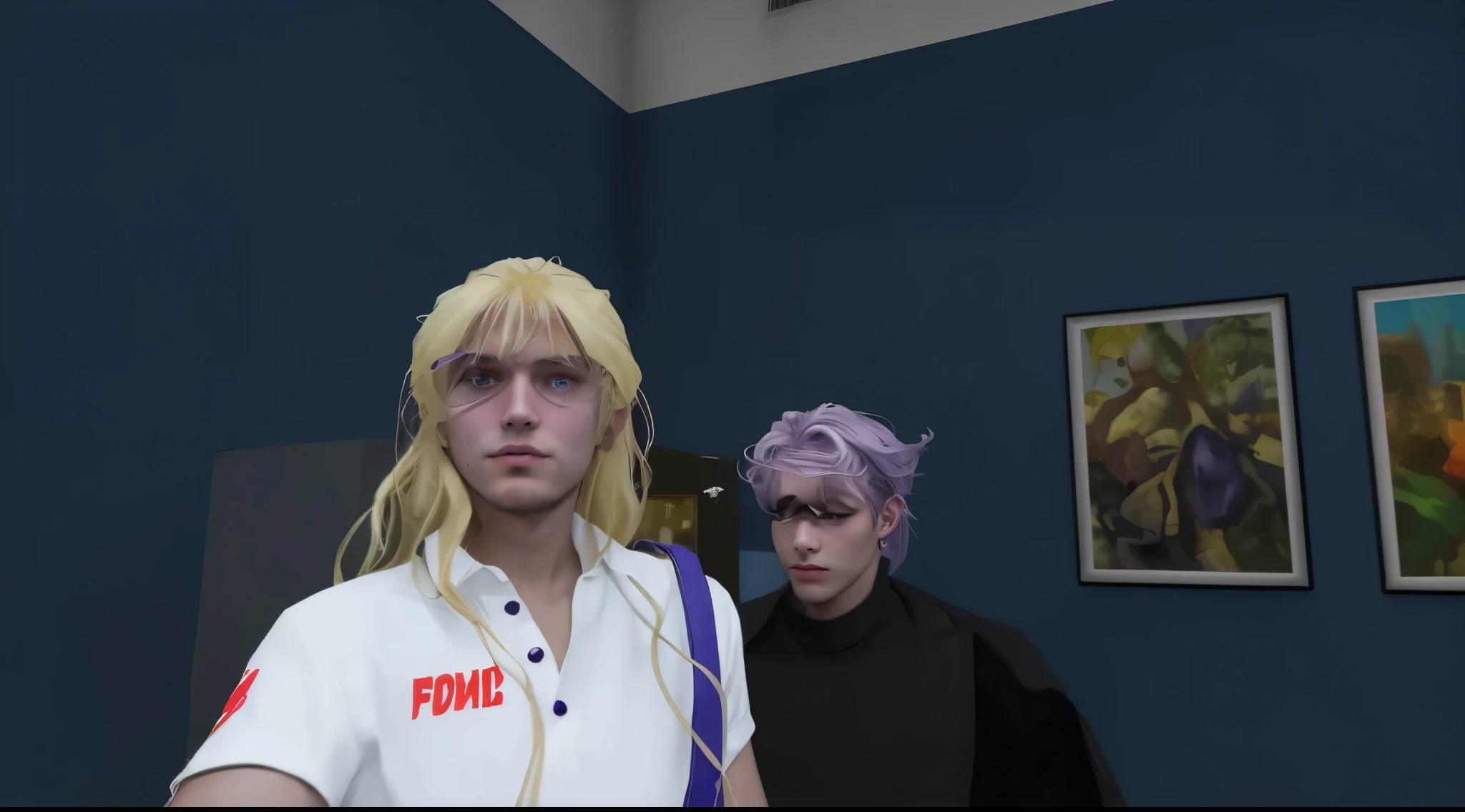 blonde girl and a man with purple hair