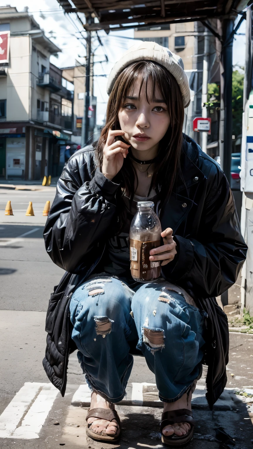 (((Brown glass medicine bottle,He had a suspicious drink))),With bangs,Beautiful black hair,ストレートミディアムボブカットのHomeless韓国人女性,Crouching,A 21-year-old Korean woman surrounded by a pile of garbage,(((No hat))),aespakarina,((Very displeased look)),(((Homeless))),((( Bad smell,Oil,Mud stains,shit,dirty))),(((Frowning,Glaring at the camera))),Very fine eye, Flat Chest,(((Wearing a tattered black coat))),(((Tragic))),(make:1.4),Big eyes,Frowningを寄せた表情,hiphop dancer,Gangster-style long pants,wearing edg90hh_clothing,8k,High definition,gang style