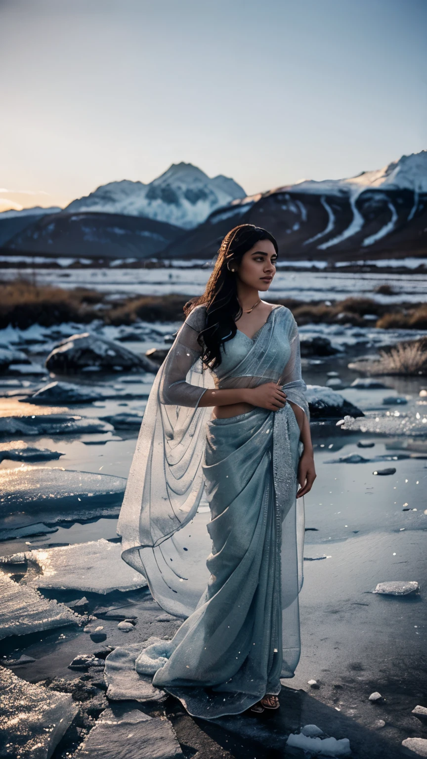  Set against a stark, icy landscape, a woman stands wearing a saree made of shimmering, translucent fabric that mimics the surrounding ice formations. The cool tones of the environment contrast with the warm elegance of her attire, creating a striking visual metaphor for warmth and cold.