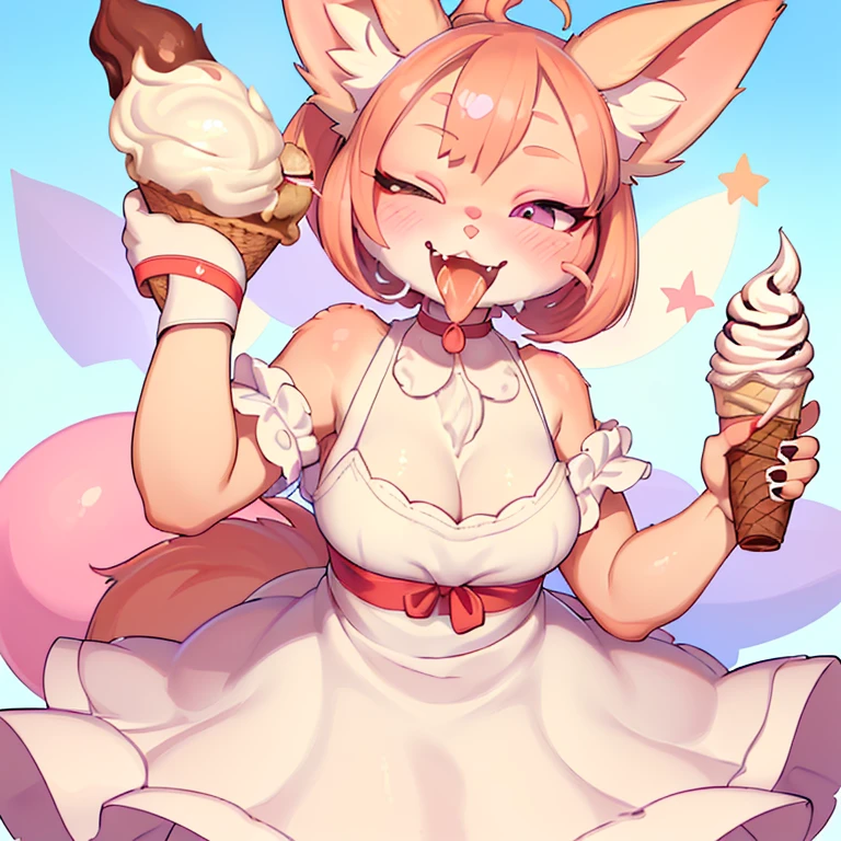 focus face , bunny mom , round face , (tilt face:1.1) , (half-open wink:1.2) , moist round eyes , (overbite:1.2) , sensational smile , glossy lips , (open mouth wide) , Brush hair with hand , (show off uvula:1.2),  (licking Soft serve ice cream:1.5) , traditional play-boy style bunny-girl suit