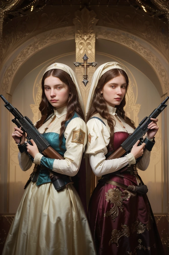 two women in Renaissance dresses hold guns in the room, in the high renaissance style, in a renaissance style, Darius Zawadski and Tom Bagshaw, beautiful sci-fi twins, photo by Alexey Gurilev, Maxim Sukharev, Emma Andievskaya, 🕹️ 😎 🔫 🤖 🚬, Alexander Kobzdey