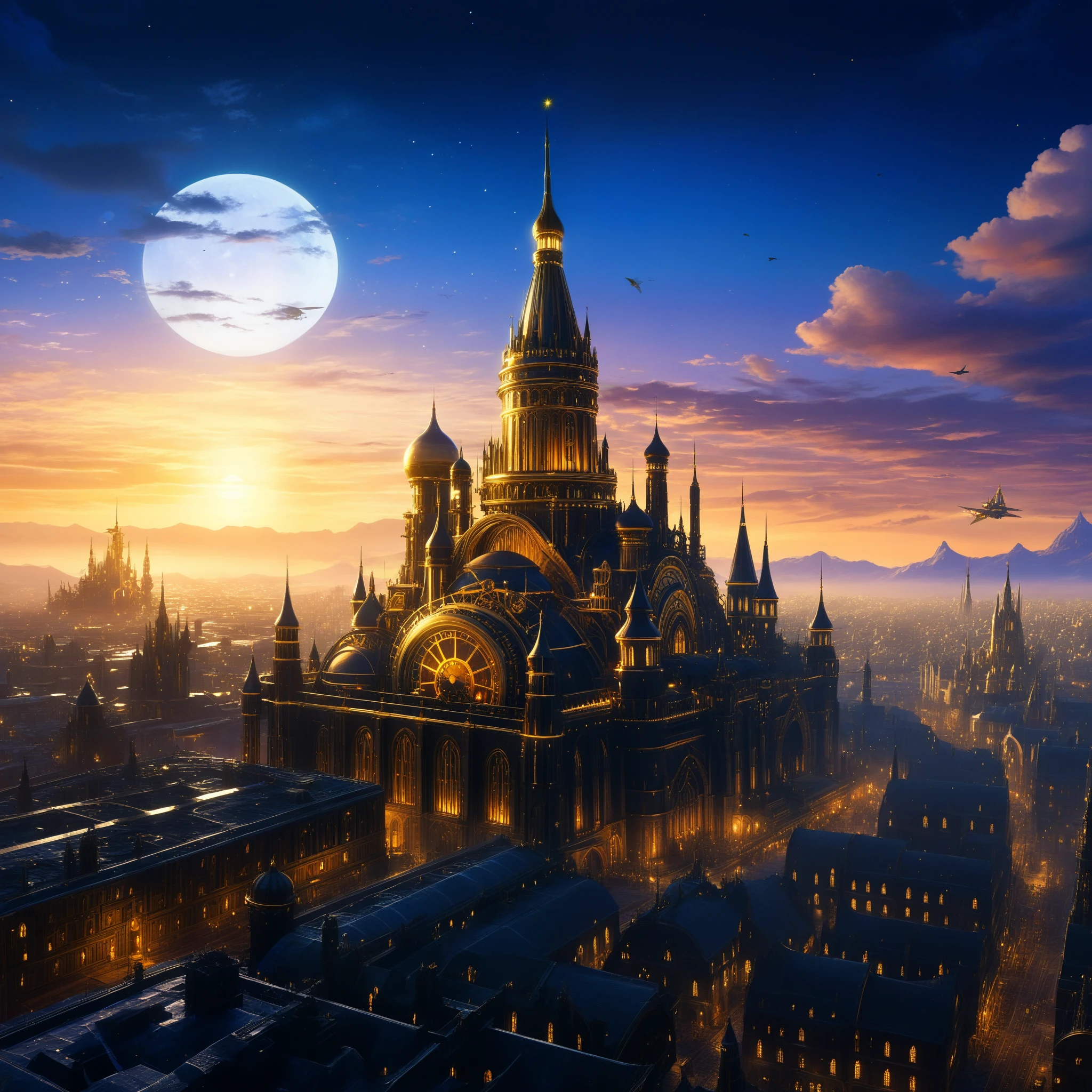 Airships dance through the skies above a cityscape adorned with towering spires of brass and gears, a fusion of steampunk and AI.
(best quality,4k,8k,highres,masterpiece:1.2),ultra-detailed,(realistic,photorealistic,photo-realistic:1.37), HDR,UHD,studio lighting,ultra-fine painting,sharp focus,physically-based rendering,extreme detail description, professional, vivid colors, bokeh, portraits, landscape, horror, anime, sci-fi, photography, concept artists, vibrant color scheme,soft warm lighting,reflective surfaces.