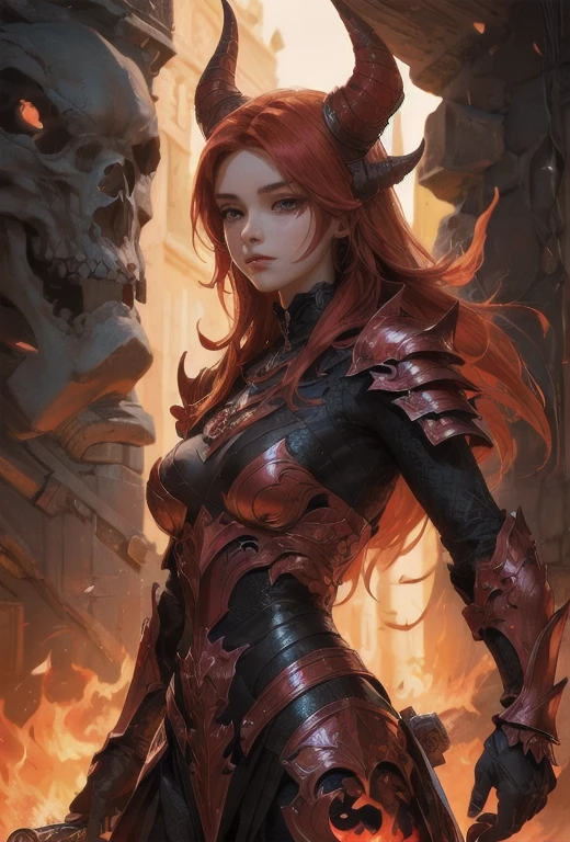 (Detailed illustrations,Very detailed and elaborate drawing,Fine lines with slow and fast,Realistic texture expression),[The main font color is tense],[Lava cave wallpaper [Hot hell:0.4]],Hinai anime (DemonGirl is a 19-year-old redhead, slim and muscular) Fiery poetry (Devil Knight:0.8),(Bone armor [A crack in the chest:0.6] [A blade of fresh blood:0.4]) (edge),[[Mysterious imagination]],(Intricate and beautiful decoration [Dense detail]),(Soft and beautiful skin expression [Transparency]),[Perfect eye details (القزحية مرسومة بشكل جميل في كل the details)[Jewel-like eyes]],[Long and beautiful eyelashes],[Finely drawn hair [More about beautiful and shiny hair]],(Perfect hand detail [Beautiful fingers without malfunctions [Beautiful nails]]),(Perfect anatomy (Fits perfectly)) [[Full body like]],[Perfect color coordination(Accurate simulation of interactions between light matter)],(High quality,[in-depth details] High accuracy,(the details,عالية the details)),[Visual art that conveys a sense of narrative].