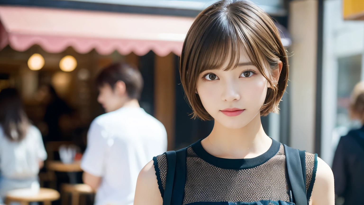 super high quality, Short Hair, Slender, Gravure photoshoot, The staff is working at the counter in the back., (8k、RAW Photos、highest quality、masterpiece:1.2), Japanese Idol, Shaggy, Sportswear, Stylish café, (Realistic、Photorealistic:1.37), Mesh Hair, Normal chest, Urban Cafe, Golden Ratio, Raw photo, Cute face , Light Brown Hair, Bright cafe interior, Blurred Background, Spring Clothes, A sweet expression, Watching the audience, Beautiful hairstyle, 20-year-old, Hair blowing in the wind, Neat clothes,