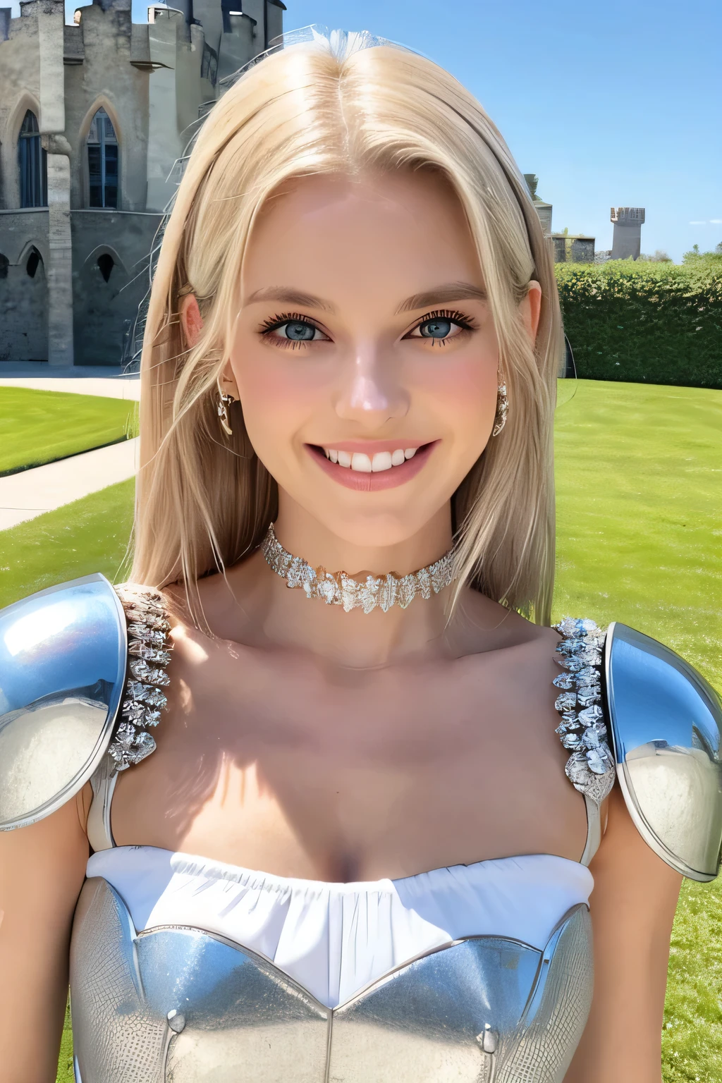 ８Ｋ、highest quality、female knight、Luxurious Silver Armor、、hairstyle short cut、smile、beautiful teeth、full body photo、ear piercing、blonde、white woman、blue eyes、heavy makeup、The background is inside the castle


