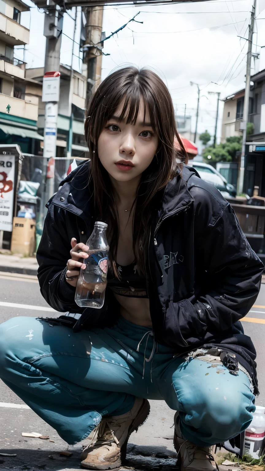 I don&#39;t wear a hat,Brown glass bottle,(((Brown glass medicine bottle,He had a suspicious drink))),With bangs,Beautiful black hair,ストレートミディアムボブカットのHomeless韓国人女性,Crouching,A 21-year-old Korean woman surrounded by a pile of garbage,(((No hat))),aespakarina,((Very displeased look)),(((Homeless))),((( Bad smell,Oil,Mud stains,shit,dirty))),(((Frowning,Glaring at the camera))),Very fine eye, Flat Chest,(((Wearing a tattered black coat))),(((Tragic))),(make:1.4),Big eyes,Frowningを寄せた表情,hiphop dancer,Gangster-style long pants,wearing edg90hh_clothing,8k,High definition,gang style