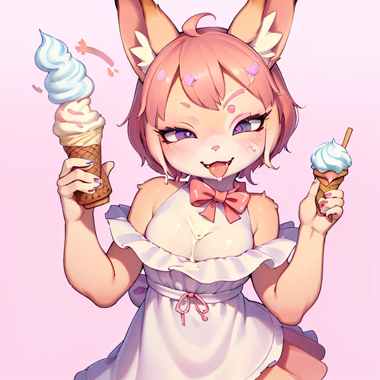 focus face , fox girl , round face , (tilt face:1.5) , (half-open wink:2) , moist Narrow round eyes , (Double teeth:1.2) , sensational smile , glossy lips , (open mouth wide) , (show off uvula:1.2) , (dripping melted vanilla Soft serve ice cream on face:1.2) , licking Soft serve ice cream , grab Soft serve ice cream , thin summer dress