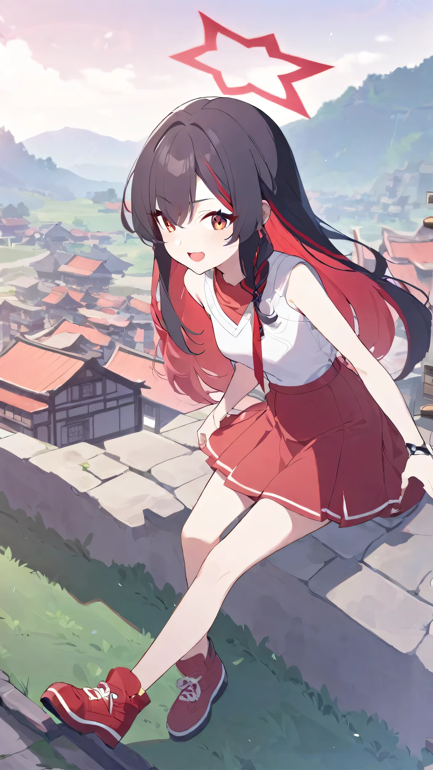 2Girl(Red long hair,Black muticolored hair,Red skirt, red shoe,Halo)BlueArchive style,Pink Halo,Village background
