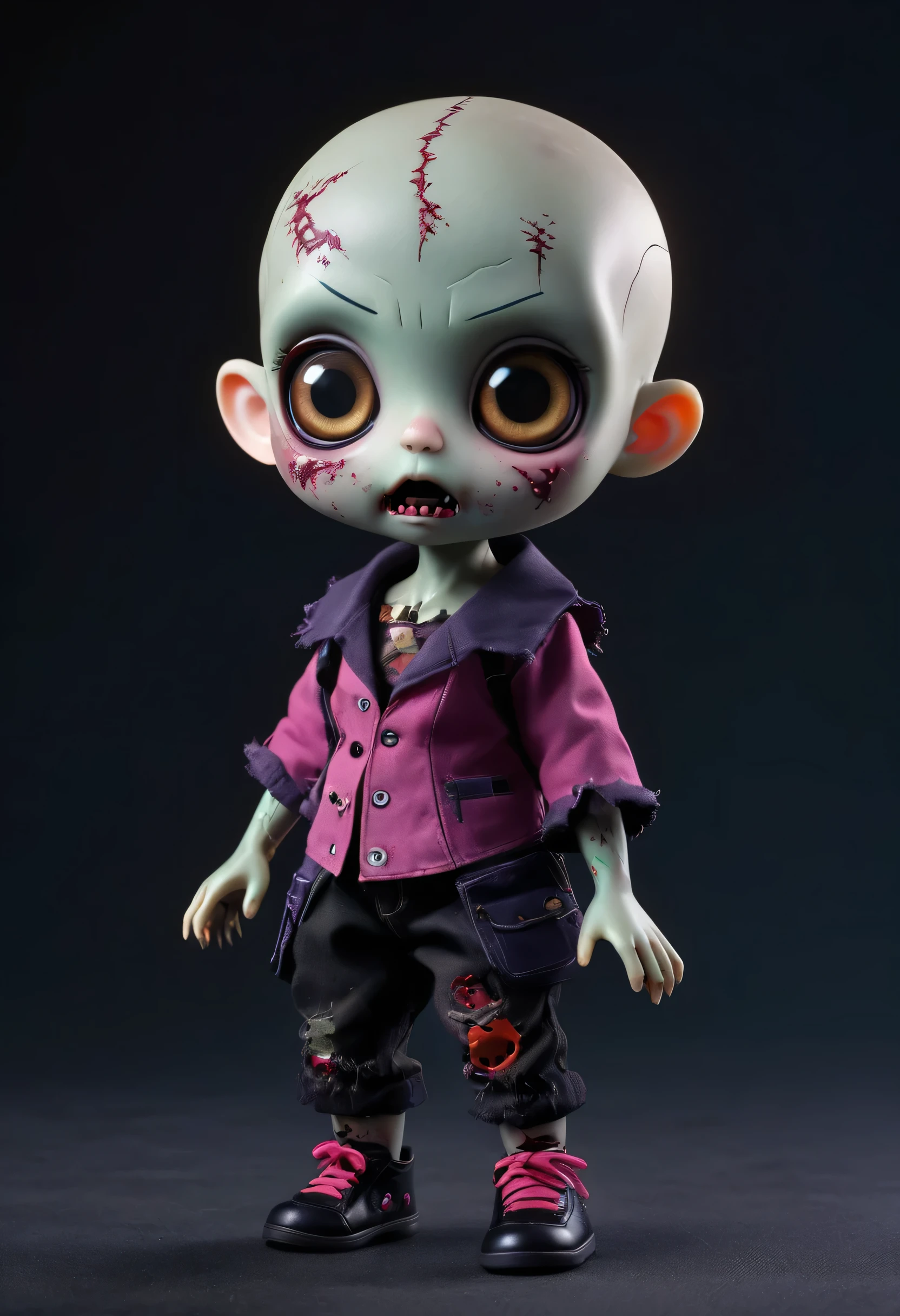 (best quality,4k,highres,masterpiece:1.2),cute chibi-style zombie doll,toy,plush,adorable,stitched body,dark theme,grotesque charm,Big and round eyes,and light grey skin,small fangs,playful expression,Bald head, tattered clothes,cute little limbs,mischievous posture,dark backgrounds,horror,unique character design,flashy colors,ominous lighting.