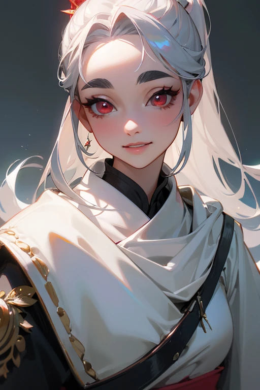 (highest quality, masterpiece:1.2), High resolution, Very detailed, Realistic:1.37, Fantasy, An illustration,Gray Hair、 Red eyes、 Queen, White Dress、Platinum decoration、beautifully、Eyeshadow Red、Thick eyebrows、Long eyelashes、pupils are black、shiny on the lips、Top Sites、Queen、Princess、ponytail、A kind smile、Show your teeth a little and smile、Soft impression、