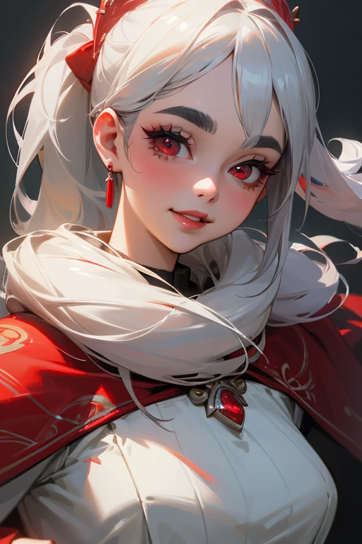 (highest quality, masterpiece:1.2), High resolution, Very detailed, Realistic:1.37, Fantasy, An illustration,Gray Hair、 Red eyes、 Queen, White Dress、Platinum decoration、beautifully、Eyeshadow Red、Thick eyebrows、Long eyelashes、pupils are black、shiny on the lips、Top Sites、Queen、Princess、ponytail、A kind smile、Show your teeth a little and smile、Soft impression、