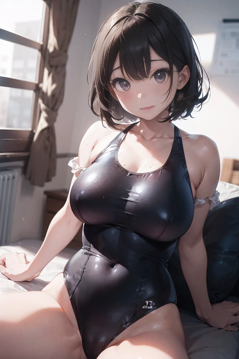 extremely detailed CG, super detailed skin, perfect anatomy, dynamic lighting, beautiful detailed eyes、(A woman about 40 years old:1.6)、Outstanding smile、Huge breasts、Shorthair、Bangs REAK、 (Glossy matte metallic swimsuit in dark random color, Ultra-thin smooth fabric swimsuit, (Stick to the dough , Visible shape of clothes:0.8), competition swim suit, White the), room、sitting on the sofa, open legs, 3/4 body view、