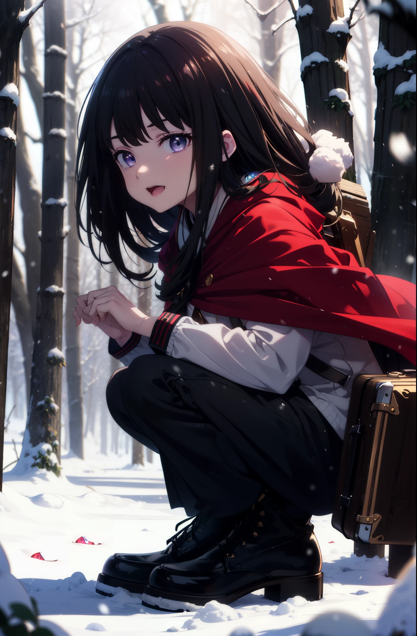 Takiuchi, Inoue Check, Long Hair, bangs, Black Hair, (Purple eyes:1.2),smile,
Open your mouth,snow,Bonfire, Outdoor, boots, snowing, From the side, wood, suitcase, Cape, Blurred, forest, nature, Squat, Cape, winter, Written boundary depth, Black shoes, red Cape break looking at viewer, Upper Body, whole body, break Outdoor, forest, nature, break (masterpiece:1.2), highest quality, High resolution, unity 8k wallpaper, (shape:0.8), (Beautiful and beautiful eyes:1.6), Highly detailed face, Perfect lighting, Highly detailed CG, (Perfect hands, Perfect Anatomy),