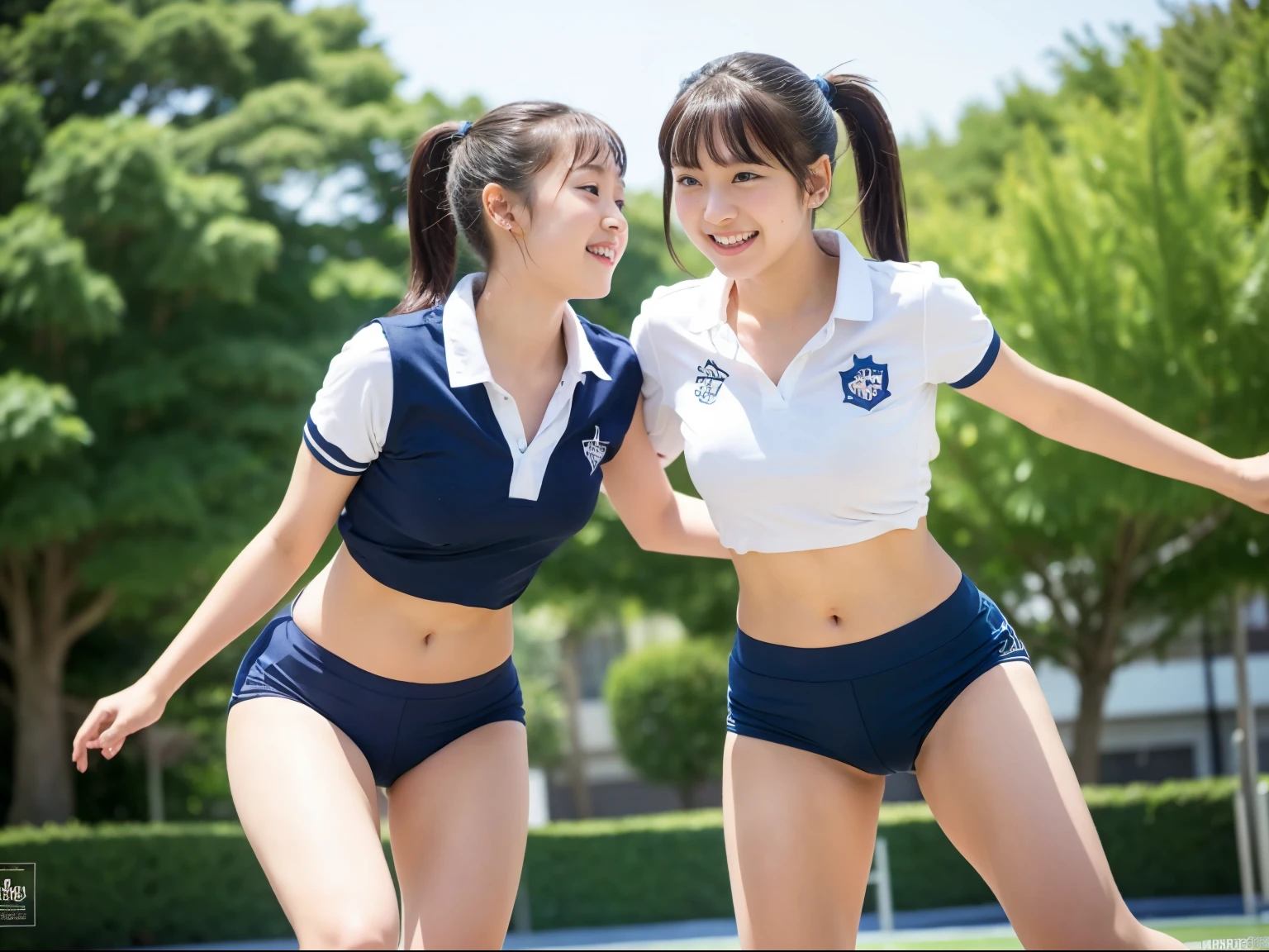 two girls running in the schoolyard,Navy blue briefs in speed style without logo,White school gymnastics shirt,18year old,Bangs,A little smile,thighs thighs thighs thighs,Knees,short cut hair,poneyTail,From below