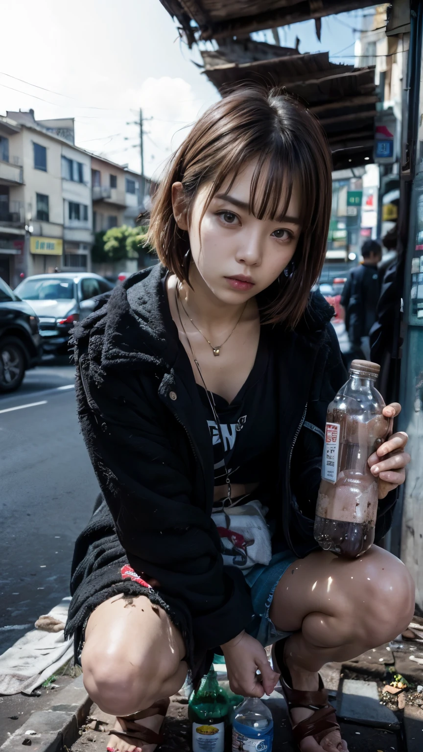 (((Brown glass medicine bottle,He had a suspicious drink))),With bangs,Beautiful black hair,ストレートミディアムボブカットのHomeless韓国人女性,Crouching,大量のゴミに囲まれたdirty部屋の中,21 year old Korean female,(((No hat))),aespakarina,((Very displeased look)),(((Homeless))),((( Bad smell,Oil,Mud stains,shit,dirty))),(((Frowning,Glaring at the camera))),Very fine eye, Flat Chest,(((Wearing a tattered black coat))),(((Tragic))),(make:1.4),Big eyes,Frowningを寄せた表情,hiphop dancer,Gangster-style long pants,wearing edg90hh_clothing,8k,High definition,gang style