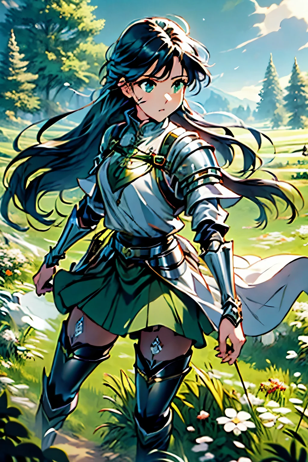 (((masterpiece))), (((best quality))), ((ultra-detailed)), (cinematic lighting), (illustration), (beautiful detailed eyes), (1girl, 20s), full body, knight, futuristic armour, castle in background, field, expressive eyes, perfect face, Girl: (black hair, long hair, wearing skirt, black pantyhose, green and grey armour, green baggy shirt, knee boots, boob plate), robot horse