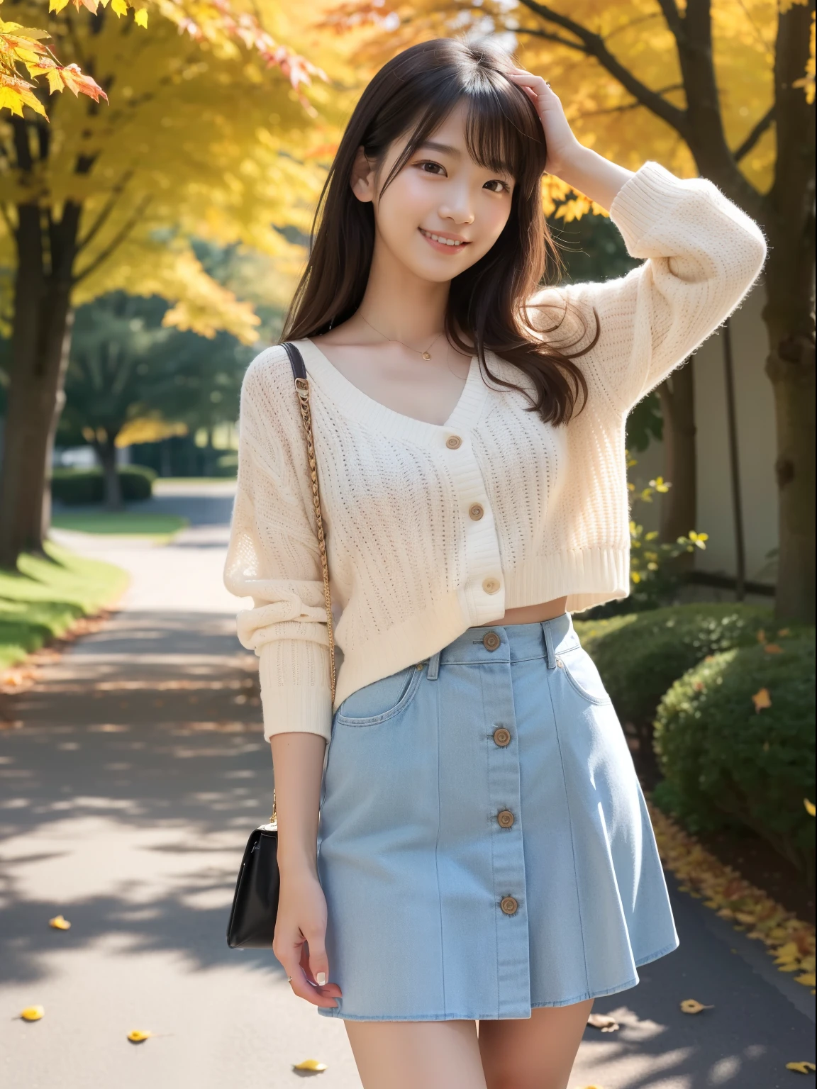 In 8K,highest quality:1.4, 超A high resolution:1.5, (Realistic:1.4),masterpiece:1.2,(highest quality:1.4)、 RAW Photos、Japanese girl in casual clothing、Looking at the audience、High Resolution、Ultra-detailed、Natural skin texture:1.3, Realistic eye and facial details:1.7、Nogizaka, Cute face、:1.2、Thighs Thighs Thighs Thighs、Textured skin:1.2, Beautiful smile 、 (A shy smile:1.2)、Medium Chest、Beautifully detailed eyes、(Casual clothing:1.2)、Full Body Shot、autumn leaves、Sculpture Pose、mini skirt:1.2、Beautiful feet、Beautiful dark eyes、standing、autumn's