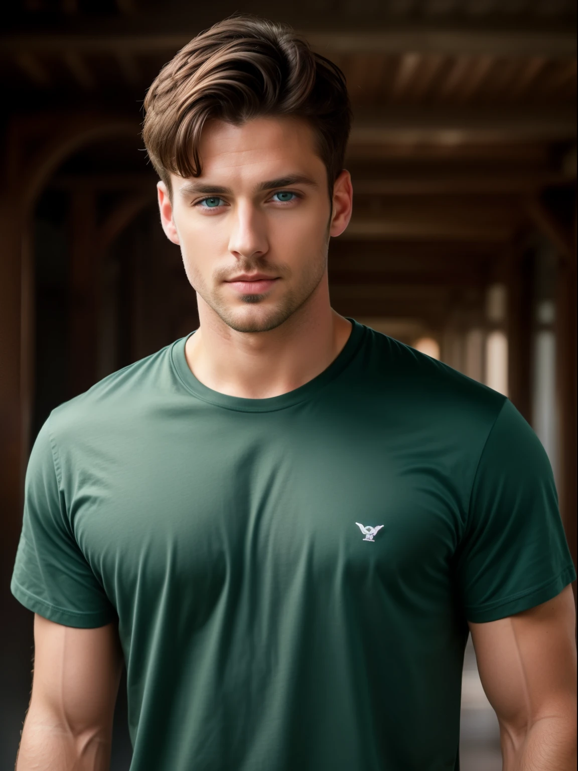 photo of a stunningly handsome man, 25 years, Blue eyes, short hair, Brown hair, full height, in a T-shirt, photorealistic, Best quality, detailed, 8K, HDR, cinematic lighting, sharp focus, short hair, looks at the camera, on a green background