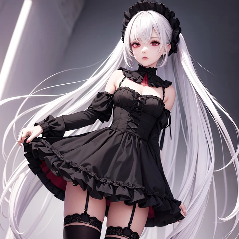 {{{{masterpiece}}}}, {{{Super detailed}}}, {{{high resolution}}}, {{Good anatomy}}, (((best quality))), ((Extremely exquisite and beautiful)), {{Extremely detailed and refined}}, {8k cg wallpaper}, {{Implications}},masterpiece,highest quality,black,White hair and red eyes anime girl, Gothic Lolita Clothes,Kishi Ganku's character portrait,Slender legs, PIXIV,Legs open,Legs open, Off-shoulder,Short skirt, perfet silver hair, Silver-haired girl, Bloom breasts, ((big round breasts: 0.9)), ((Super tight breasts: 1.2)), ((Breast enlargement: 0.8)), Beautiful breasts, Hydrated skin, Visible areola,Beautiful and aesthetic:1.2),