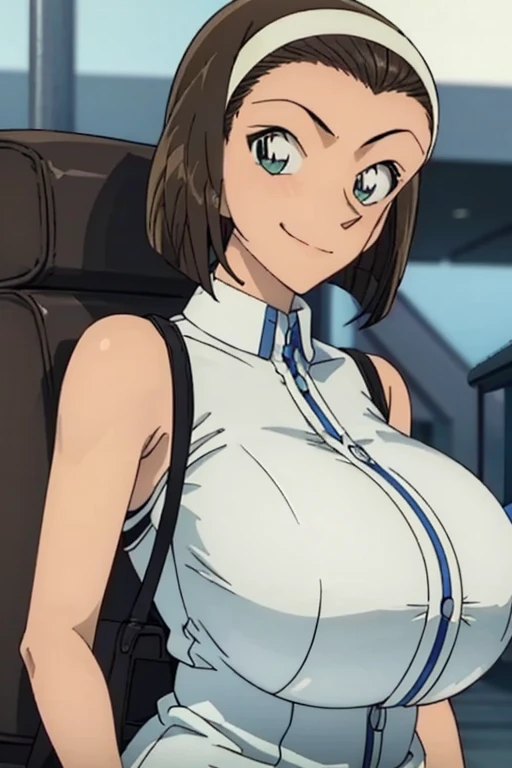 Looking at the camera、When I Look at You、lookatviewer、Anime Style、Eroge、1 girl,  (Huge breasts:1.5)、((White casual dress))、Low Angle、Brown haired, hair band、Bob Hair、The forehead is visible、blush, bangs,Round Breasts、smile、((whole body))、(from before:1.5)、valley