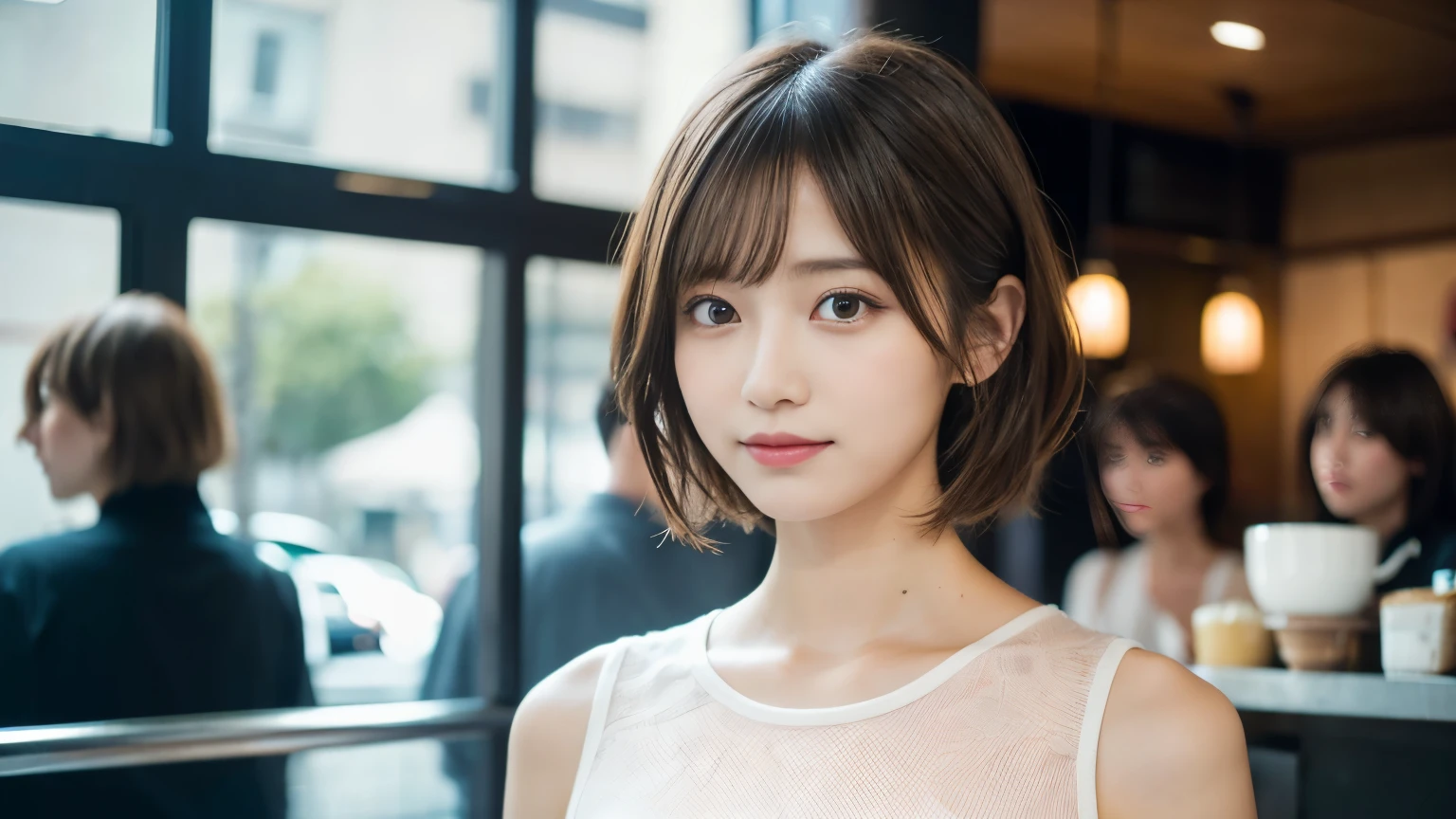 super high quality, Short Hair, Slender, Gravure photoshoot, The staff is working at the counter in the back., (8k、RAW Photos、highest quality、masterpiece:1.2), Japanese Idol, Shaggy, Sportswear, Stylish café, (Realistic、Photorealistic:1.37), Mesh Hair, Normal chest, Urban Cafe, Golden Ratio, Raw photo, Cute face , Light Brown Hair, Bright cafe interior, Blurred Background, Spring Clothes, A sweet expression, Watching the audience, Beautiful hairstyle, 20-year-old, Hair blowing in the wind, Neat clothes,