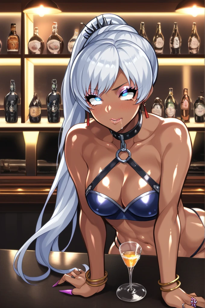 Score_9, score_8_up, score_7_up, score_6_up, score_5_up, score_4_up, source_anime, solo, 1girl, mature female, weiss schnee, dark skin, dark-skinned female, makeup, eyeshadow, Gyaru, tanned skin, shiny skin, metallic tan, colored skin, jet-black skin, saliva, (glowing eyes), BREAK light blush, drinking glass, bar, dim lighting, rolling eyes