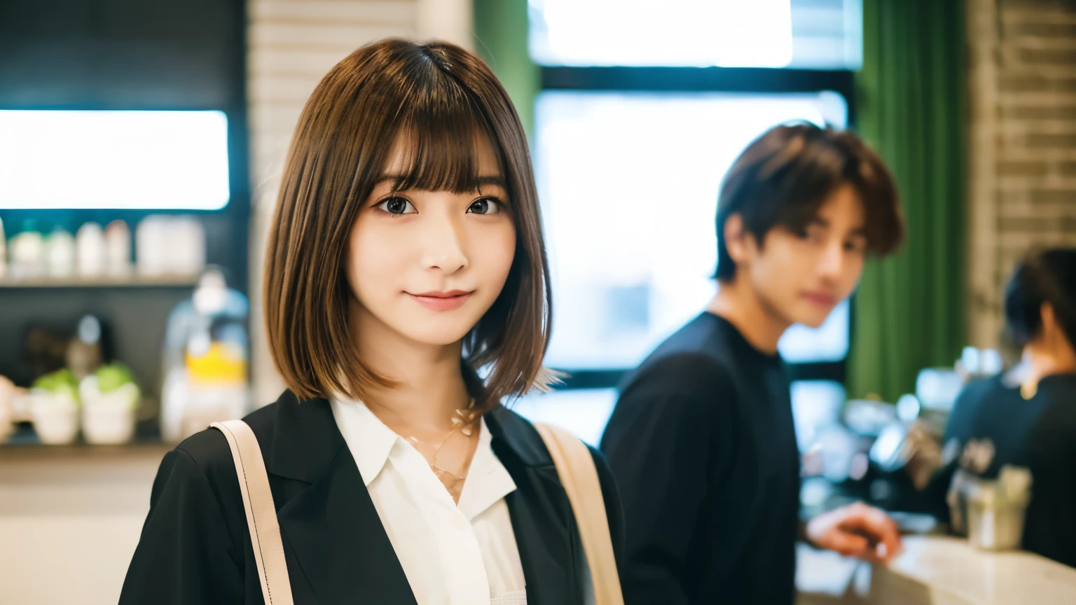 super high quality, Short Hair, Slender, Gravure photoshoot, The staff is working at the counter in the back., (8k、RAW Photos、highest quality、masterpiece:1.2), Japanese Idol, Shaggy, Sportswear, Stylish café, (Realistic、Photorealistic:1.37), Mesh Hair, Normal chest, Urban Cafe, Golden Ratio, Raw photo, Cute face , Light Brown Hair, Bright cafe interior, Blurred Background, Spring Clothes, A sweet expression, Watching the audience, Beautiful hairstyle, 20-year-old, Hair blowing in the wind, Neat clothes,