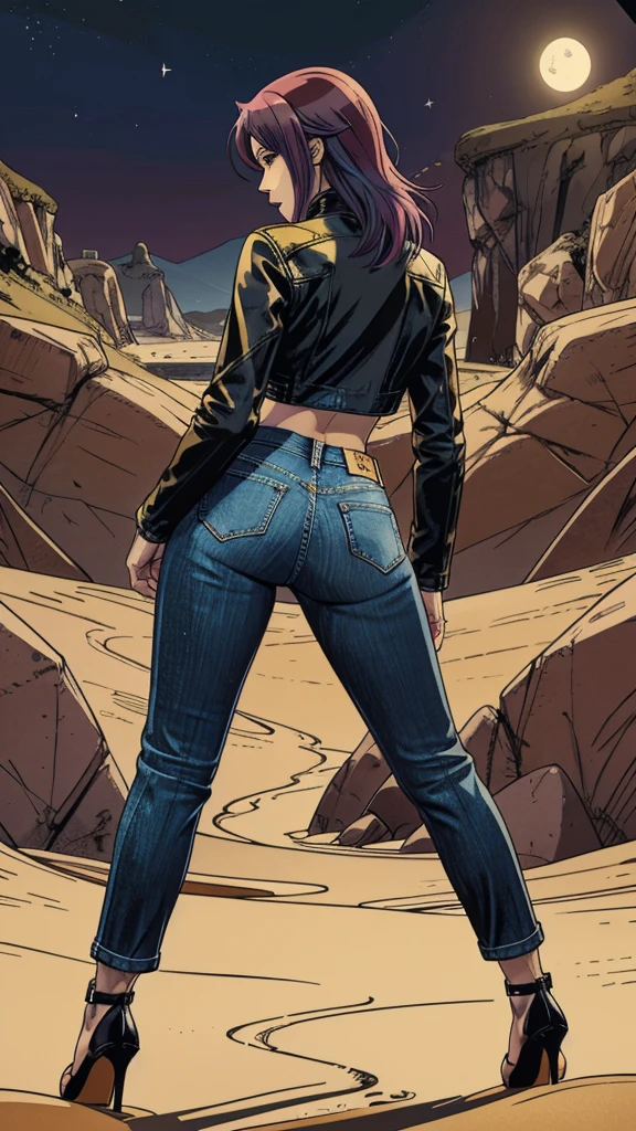 vector image, 2d cartoon,masterpiece, An anime woman,colored hair, tight jeans, heels, leather biker jacket, provocative pose, orgasm expression, provocative pose,near quicksand, standing, crop-top,heels, from behind view, night, full body