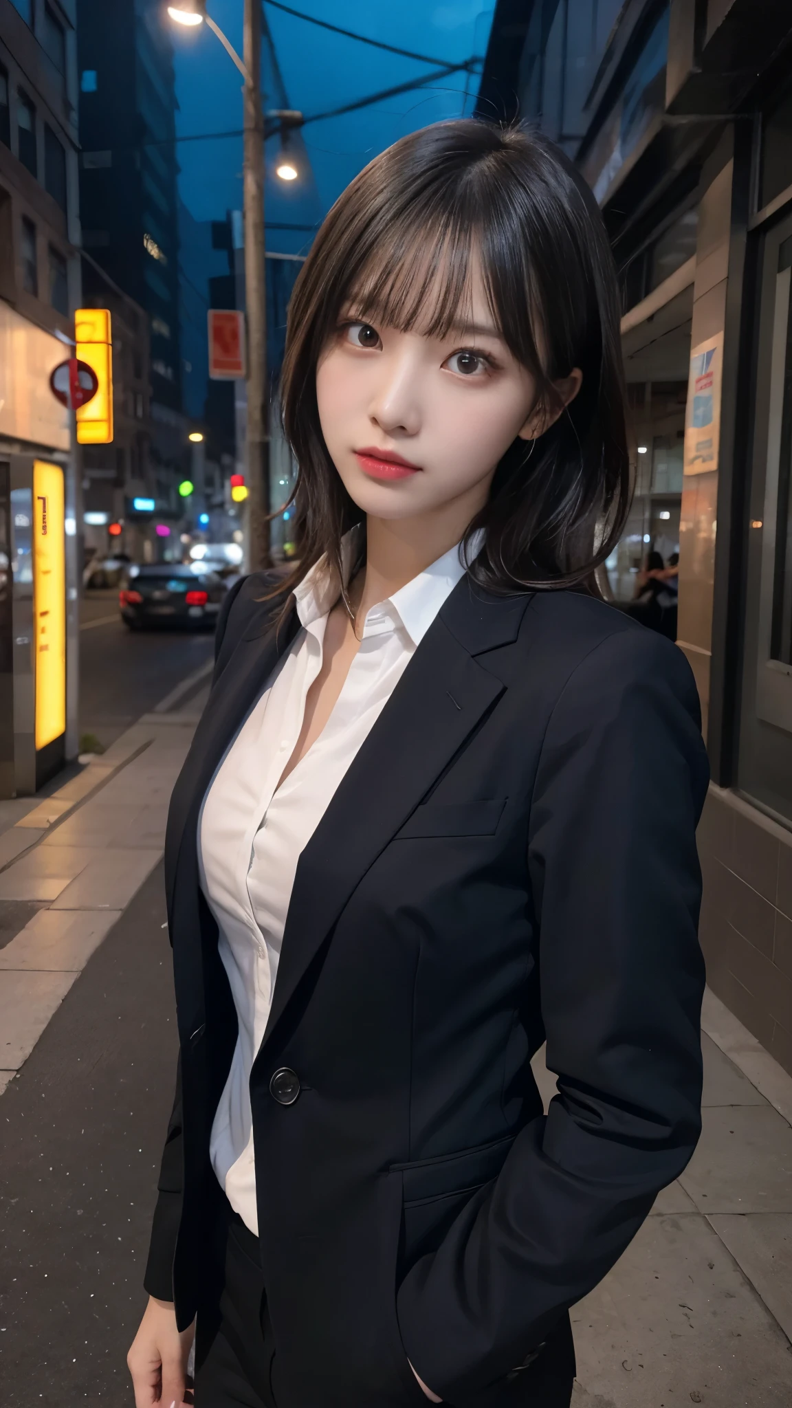 16k, High resolution, RTTX 10.0, Ray Tracing, Natural light, Absurd, Top quality masterpiece, Perfect anatomy and highly detailed face, Fine grain, One girl, alone, Wear a business suit, shirt, Open the top button, Beautiful Hair, very beautiful, Edgy, nice, Evil Aura, the wind is strong, Glowing Eyes, Serious expression, dystopian city, Futuristic, Detailed Background, Awards, Neon Light, Talked about at the art station