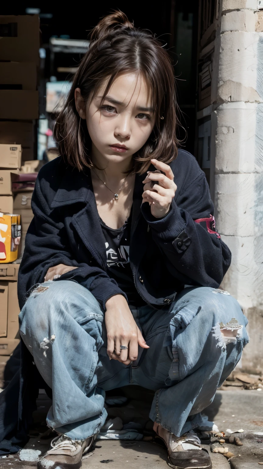 With bangs,Beautiful black hair,ストレートミディアムボブカットのHomeless韓国人女性,Crouching,大量のゴミに囲まれたdirty部屋の中,21 year old Korean female,(((No hat))),aespakarina,((Very displeased look)),(((Homeless))),((( Bad smell,Oil,Mud stains,shit,dirty))),(((Frowning,Glaring at the camera))),Very fine eye, Flat Chest,(((Wearing a tattered black coat))),(((Tragic))),(make:1.4),Big eyes,Frowningを寄せた表情,hiphop dancer,Gangster-style long pants,8k,High definition,gang style