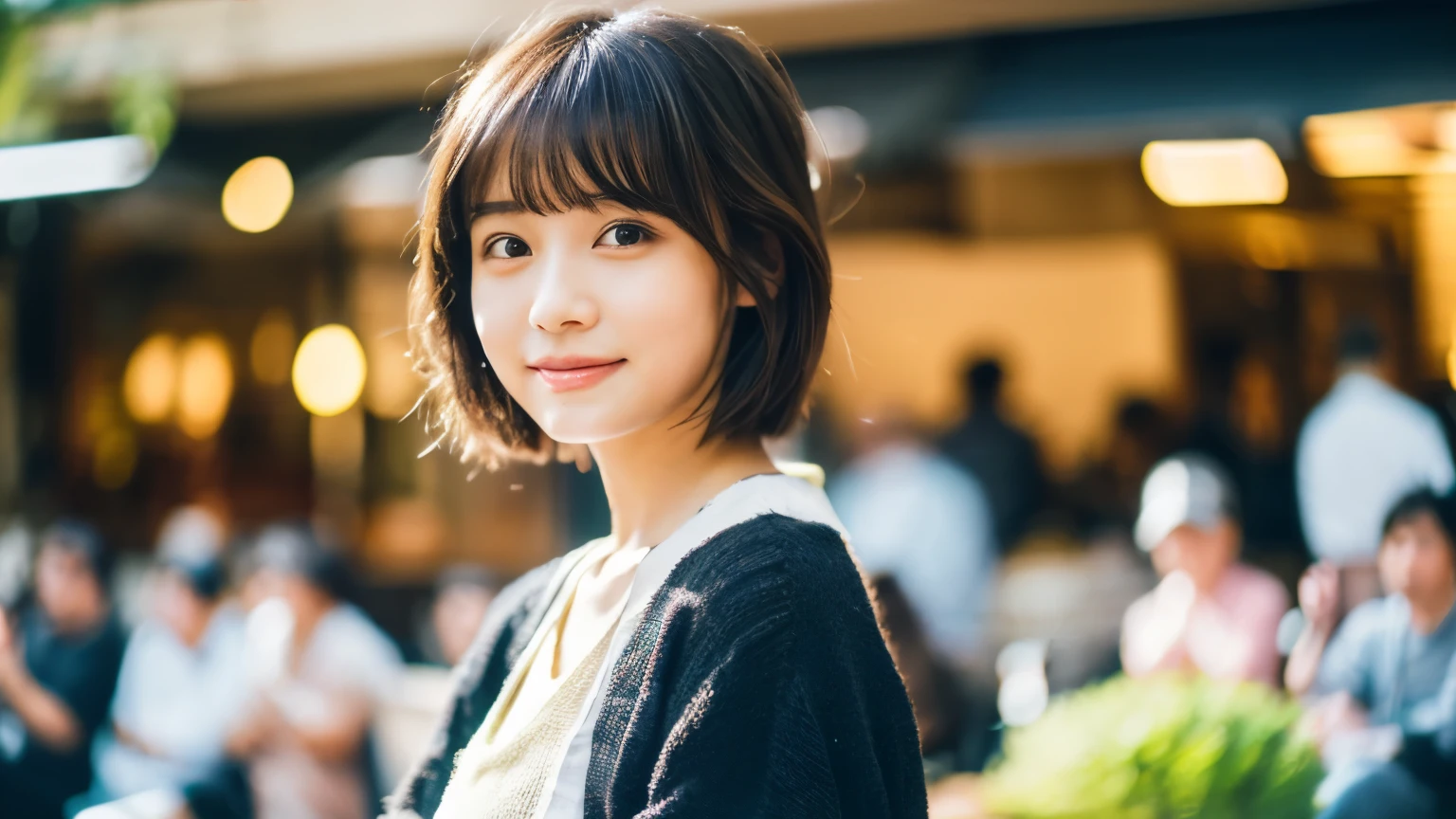 super high quality, Short Hair, Slender, Gravure photoshoot, The staff is working at the counter in the back., (8k、RAW Photos、highest quality、masterpiece:1.2), Japanese Idol, Shaggy, Sportswear, Stylish café, (Realistic、Photorealistic:1.37), Mesh Hair, Normal chest, Urban Cafe, Golden Ratio, Raw photo, Cute face , Light Brown Hair, Bright cafe interior, Blurred Background, Spring Clothes, A sweet expression, Watching the audience, Beautiful hairstyle, 20-year-old, Hair blowing in the wind, Neat clothes, 
