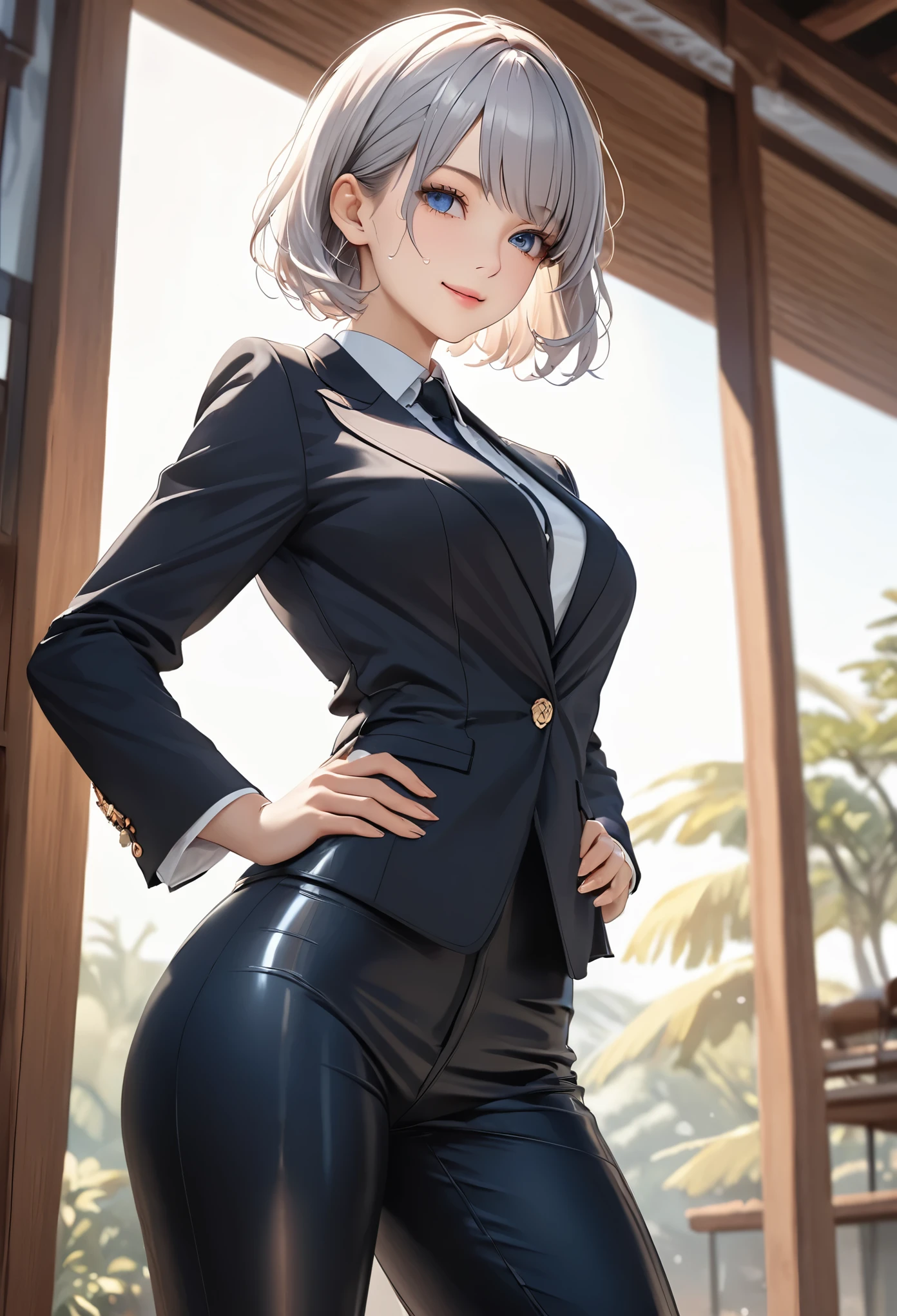 (highest quality, 8k, masterpiece: 1.3), Beautiful woman with perfect figure: 1.4,, big, Sleep in the bedroom, Highly detailed face and skin, Fine grain, double eyelid, highest quality, masterpiece, (Realistic: 1.4), One Woman, Golden Ratio, High angle shot, Upper eyelid care, Low angle shot, Perfect Face, Beautiful appearance, Cute face, Face close-up, Zoom in on face, , smile from different angles, smile, Gloss, highlight, Gloss, Glossy on skin, Glossy on skin, Wet skin, Wet, bangs, cute smile, bust,, Refreshing charm, elegant, Perfect hands, smile from angle, smile, Glossのある, highlight, Glossy skin, bangs, big, Refreshing charm, Listen carefully, Looking into the camera, Pose at different angles,masterpiece, highest quality, High resolution, 1 girl, Gray Hair, short hair, blue eyes, Medium chest, OL, tie, Black suit, Pencil Skirt, Please put your hands on your hips, Outdoor,Idol Master,,Anastasia,Knee-high boots,pants suit