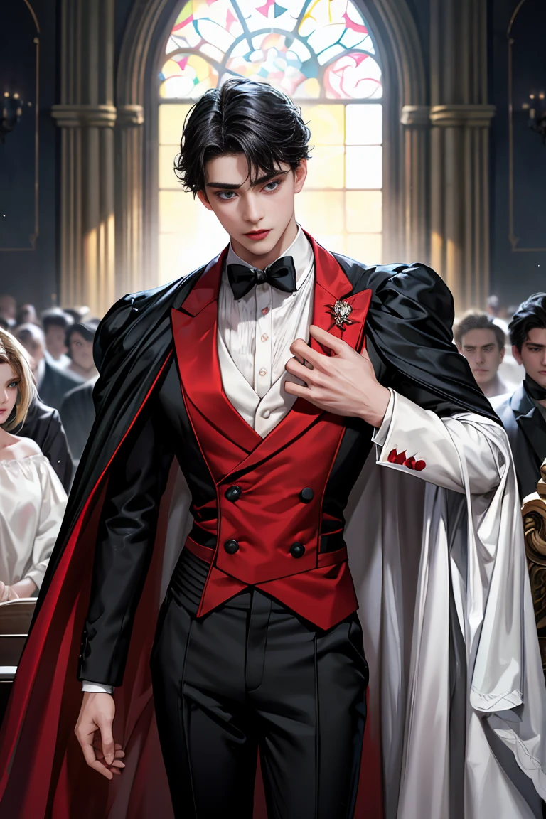 
masterpiece, 最high quality, high quality, 1 boy, alone, Male focus, Watching the audience,  Messy black hair, Adorable big blue eyes, White, Noble, Noble, Beautiful Vampire、Tuxedo、A very voluminous, large, very large, very large, long, long red and black cape with a high stand-up collar, made of a lot of fabric that reaches down to the floor., 17 years old,Cute beautiful boys,Cute, cute, kind, handsome guy