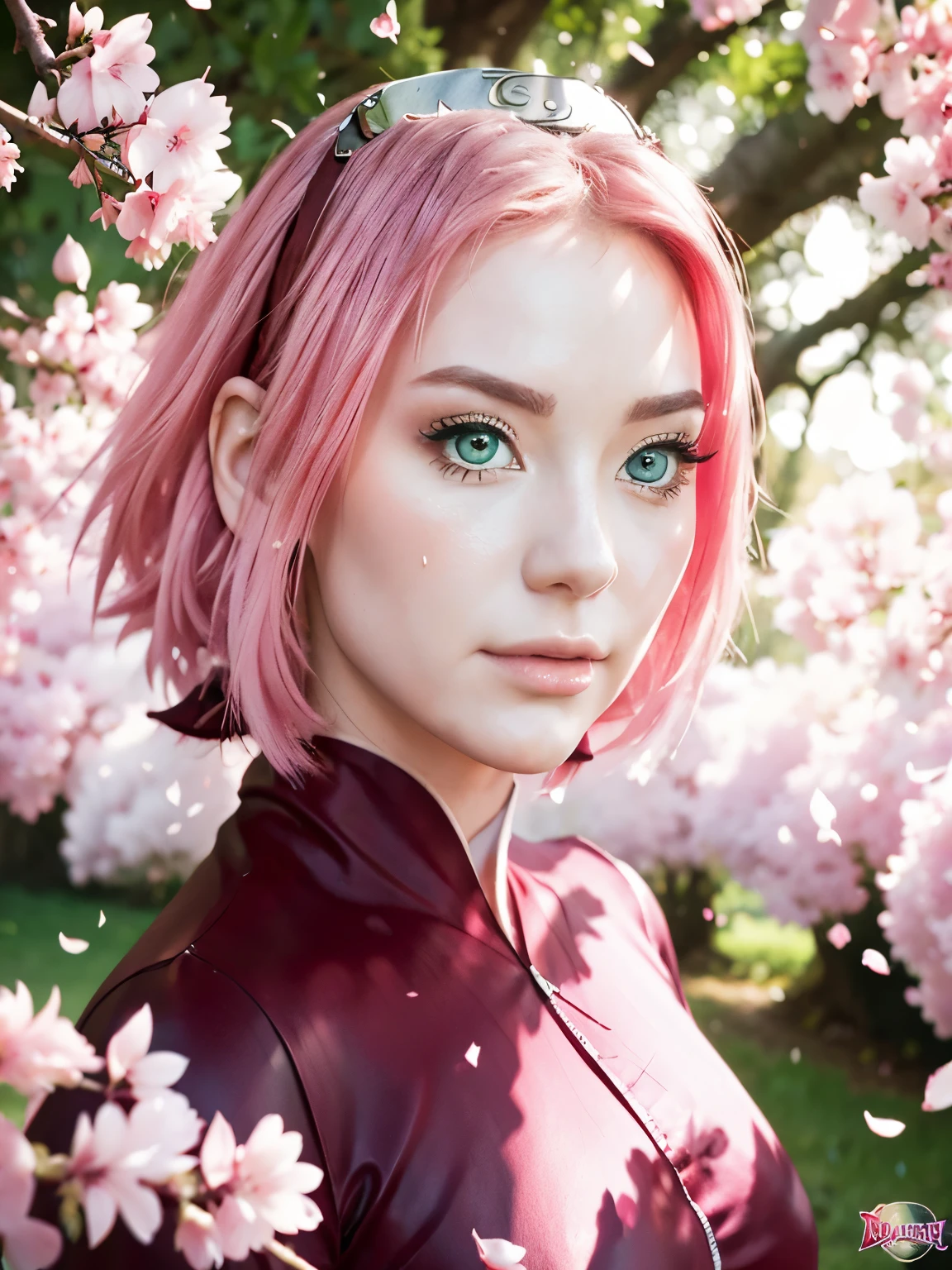 Sakura Haruno, wearing ninja costume in naruto shippuden saga, has shoulder-length pink hair, she has emerald eyes, a sharp nose, white skin, and a soft face, (best quality, highres:1.2), 1girl, beautiful detailed eyes, beautiful detailed lips, extremely detailed eyes and face, long eyelashes, HDR, studio lighting, sharp focus, physically-based rendering, extreme detail description, portraiting breasts, perfect shape, facing viewer, sweaty, gorgeous, appearing in full frame, good-looking, Beautiful fair skin and luster, Beautiful eyes are big and bright, Small mouth and thin lips, Goodness of style and slendernes), beautiful girl illuminated by seven colors of light, Irridescent coloe, showing off her figure, seductive and confident, enchanting aura, surrounded by cherry blossom trees, delicate and vibrant petals falling all around her, soft pink and white colors, sunlight filtering through the trees, creating a warm and dreamy atmosphere.