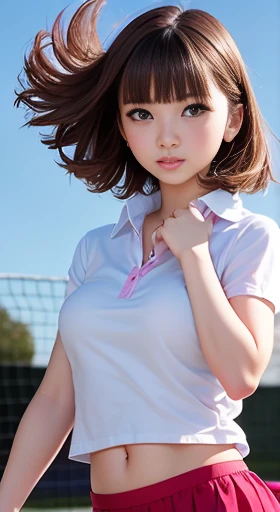 ((Tabletop, highest quality, High resolution, Hmph, Perfect Pixel, 4K, Hmph, Hmph))), 1 girl, single, alone, Beautiful woman、I could see the whole body、 ((Short Wavy Hair, bangs, Brown Hair)), ((Brown eyes, Beautiful eyelashes, Realistic eyes)), ((Detailed face, blush:1.2)), ((Smooth texture:0.75, Realistic texture:0.65, Realistic:1.1, Anime CG Style)), Medium chest, Dynamic Angle, Perfect body, ((White tennis wear、White short sleeve shirt with collar、Pink ruffle skirt、White tennis shoes、The wind blows up my skirt))、Tennis court、、Very embarrassing panic smile、、、See-through bra、My chest is wet、Cover your chest with your hands