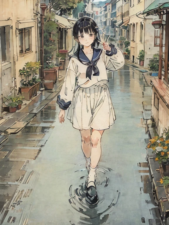 Sailor suit、Old Townscape、nostalgic、Detailed landscape、walk、Black-haired、picture、length、Bright Face、Looking at the viewer and making a peace sign with both hands