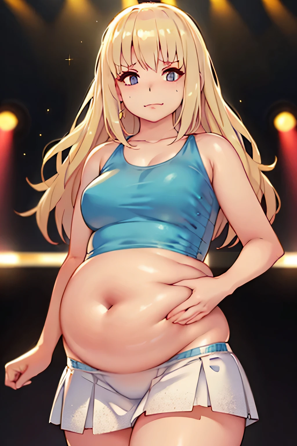 1 girl, blond long hair, in front, staring at me, loving face, dancing, fit body, flat belly, a  light glitter blue top, sexyte glitter skirt, nightclub background