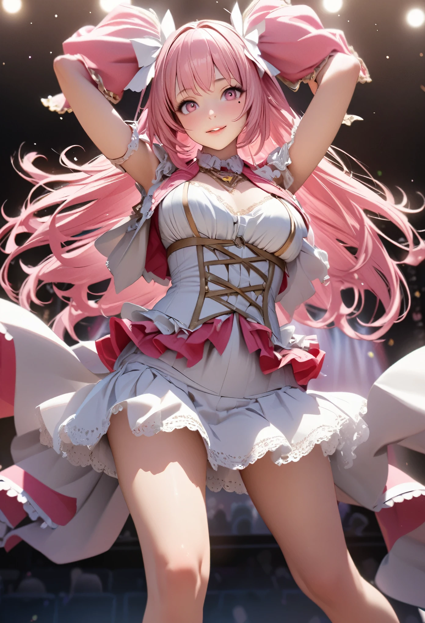 One Girl、Looking at the audience、
Beautiful pink eyes、Long pink hair、,Mole under the eye、Plump and glossy lips、Heart-shaped choca、Idol、Her name is Rico,smile、ー、。.。.。.。.。.。.。.。.。.。.。.。.。.。.。.。.。.。.3D、Realistic、
Idol衣装、Short skirt,Drape clothes、gem、The decoration has been removed、Floral、Lace trim,On a glittering stage、
masterpiece、highest quality、8k、Detailed skin texture、Detailed cloth texture、Beautifully detailed face、Intricate details、Very detailed、
超A high resolution、8k Ultra HD、Film Grain、Best Shadow、delicate、Gazing at the audience、front