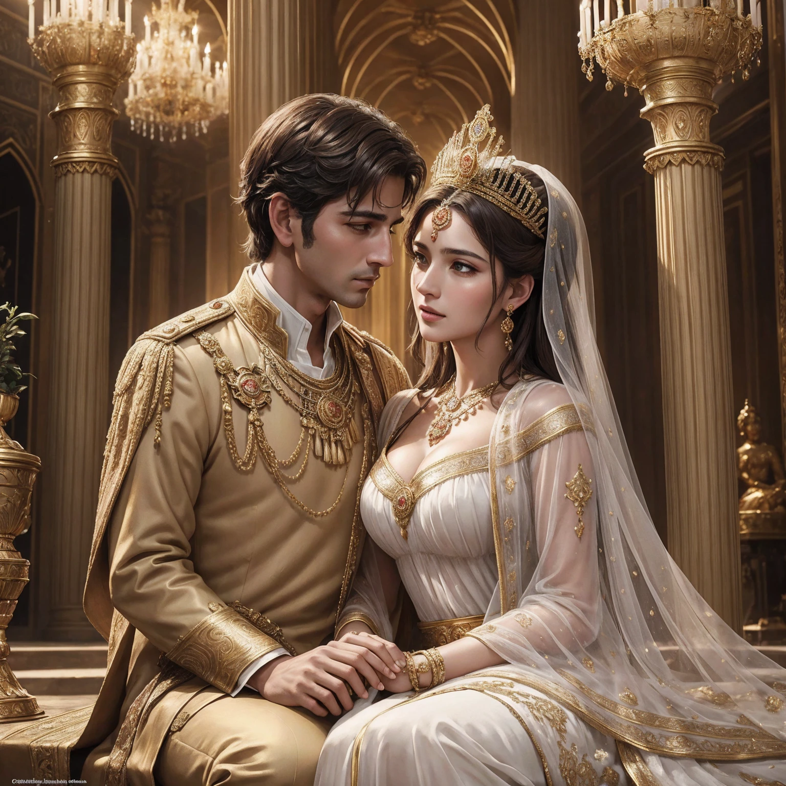 constantine the great,his beloved woman,portraits,imperial era,ancient rome,historical scenes,golden decor,aesthetic figures,detailed faces,rich textures,vibrant colors,soft lighting,romantic atmosphere,emotional expressions,ornate clothing,intimate connection,symbolic background,fine brushstrokes,historical accuracy,regal aura,historical masterpiece,classic beauty,artist's interpretation,ancient architecture,lush garden,gentle breeze,luxurious lifestyles, ageless love,imperial power,long-lasting legacy,finest details,graceful poses,royal portraits,immortalize their love,grandeur,immense love,eternity,temple columns,timeless romanticism,cherished memories,ultimate happiness,elegant composition,a moment frozen in time,forever engraved in history,dignity and love intertwined,splendid union. (best quality,highres,ultra-detailed,realistic),HDR,professional.